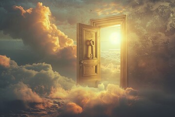 An open door suspended in the sky surrounded by clouds, symbolizing imagination and exploration. Generative AI - obrazy, fototapety, plakaty