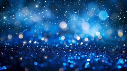 Obraz premium A dark blue background with stars and bokeh lights, creating an enchanting atmosphere for the Christmas season. Generated by artificial intelligence.