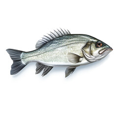 Fototapeta premium Sea bass fish on white background сreated with Generative Ai