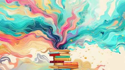 Explore a surreal fusion of reading, knowledge, and imagination with vibrant light colors, akin to a whimsical picture book illustration.