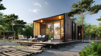 Explore eco-friendly living with a modern, shipping container tiny house, beautifully decorated, perfect for sustainable accommodation or a unique holiday home.