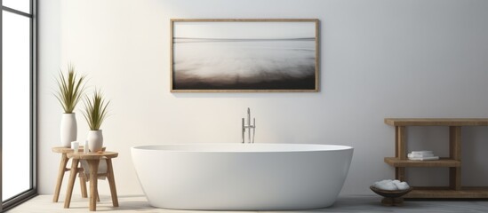 A white bath tub is positioned next to a window in a bathroom interior. The tub is empty, and sunlight streams in through the window, casting a bright light on the floor.