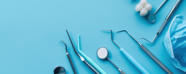 dentist equipment on blue background - obrazy, fototapety, plakaty