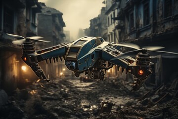 Fototapeta premium Aerial view of a drone flying over a post-apocalyptic cityscape with buildings in ruins