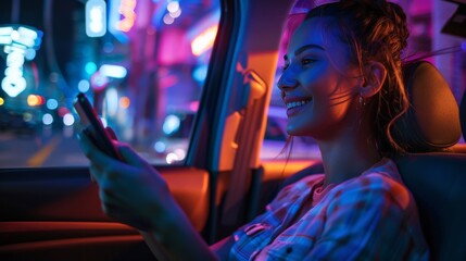 Fototapeta premium Happy Female is Commuting Home in the Backseat of a Taxi at Night. Beautiful Woman Passenger Playing Strategy Video Game on Smartphone while in a Car in Urban City Street with Working Neon Signs.