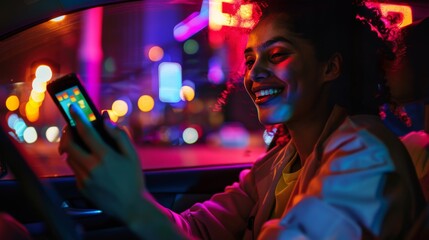 Happy Female is Commuting Home in the Backseat of a Taxi at Night. Beautiful Woman Passenger Playing Strategy Video Game on Smartphone while in a Car in Urban City Street with Working Neon Signs.