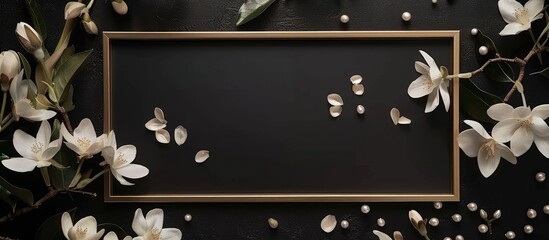 A wooden frame adorned with white flowers and pearls, set against a black background. This artistic piece combines elements of multimedia and art, creating a beautiful visual contrast