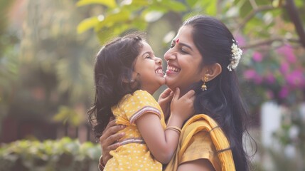 Happy Indian mother having fun with her daughter outdoors - Family and love concept