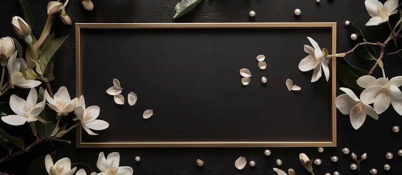 A wooden frame adorned with white flowers and pearls, set against a black background. This artistic piece combines elements of multimedia and art, creating a beautiful visual contrast