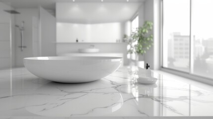 Fototapeta na wymiar White Bathroom Interior with Marble Table Top