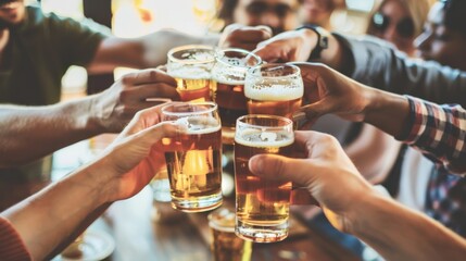Fototapeta premium Happy multiracial friends toasting beer glasses at brewery pub restaurant - Group of young people enjoying happy hour drinking alcohol sitting at bar table - Life style, food and beverage concept
