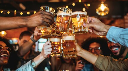 Happy multiracial friends toasting beer glasses at brewery pub restaurant - Group of young people enjoying happy hour drinking alcohol sitting at bar table - Life style, food and beverage concept