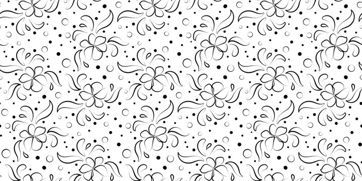 Seamless floral black and white pattern. Vector black line drawing of flowers and leaves in flat style. Endless background for design, textile, coloring, fashion, packaging, banners, wallpapers