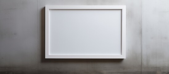 A white square frame is hanging on a cement wall in an interior room. The frame stands out with its clean lines against the neutral backdrop.