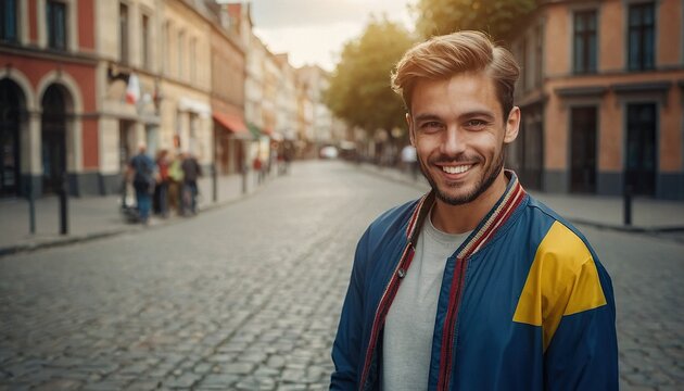 smiling guy with flag standing in city 