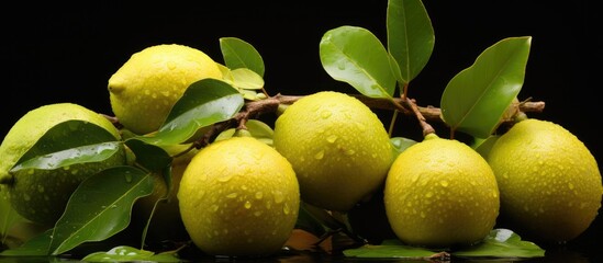 A bunch of yellow Meyer lemons with green leaves on a black background. This citrus fruit is seedless and is a product of a flowering plant known as a Meyer lemon fruit tree