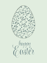 Happy Easter greeting card with lettering. Floral pattern in the shape of Easter egg with trees branch, leaves. Paper cut style. Hand drawing doodles of vector vintage botanical elements