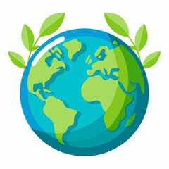 Planet earth with green leaves. Vector illustration in flat style. Isolated on white background.