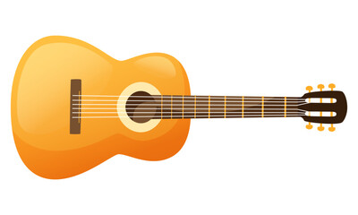 Classical acoustic guitar. Vector illustration of a wooden guitar on a white background. String instrument, rock equipment. Clip art for print design of music stores, music schools.