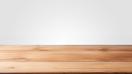 Empty wooden table in front of white wall. Generative ai