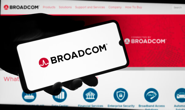 Dhaka, Bangladesh- 10 March 2024: Broadcom logo is displayed on smartphone. Broadcom is an American semiconductor company.