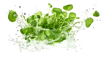 Watercress sliced pieces flying in the air with water splash isolated on transparent png.
