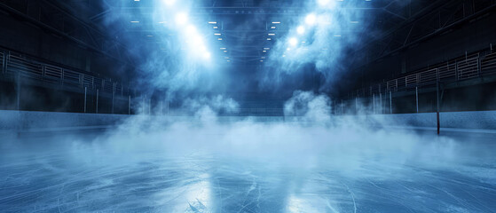  Blue Ice Rink Background. Professional Arena illuminated neon lights, spotlights with smoke. Copyspace. Winter poster for hockey competitions. Ice skating. Stadium. Generative ai - obrazy, fototapety, plakaty