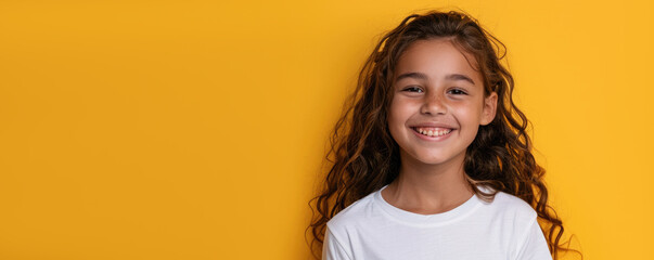 the girl radiates the emotion of joy and happiness. a young girl in a white T-shirt smiles and laughs on a yellow background. advertising poster or banner