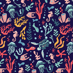 Fototapeta na wymiar Abstract blue pattern with sea turtles, jellyfish, fish, algae and coral. Undersea world. Vector samples pattern for fabric, textile, wallpaper, cards.