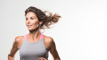 A portrait of a 40 year old woman jogging, looking away, white background. Generative ai