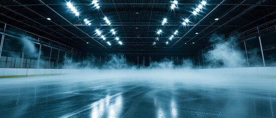 Fototapeta na wymiar Blue Ice Rink Background. Professional Arena illuminated neon lights, spotlights with smoke. Copyspace. Winter poster for hockey competitions. Ice skating. Stadium. Generative ai