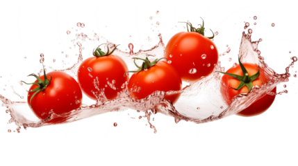 Tomato sliced pieces flying in the air with water splash isolated on transparent png.
