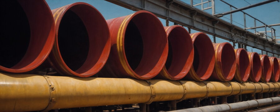 A collection of red and yellow large industrial pipes neatly arranged and stored in an indoor warehouse.