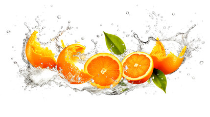 Tangerine sliced pieces flying in the air with water splash isolated on transparent png.
