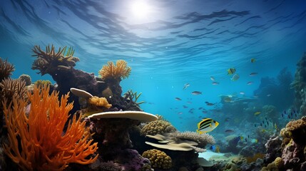 Fototapeta na wymiar blue underwater scene with fish and plants