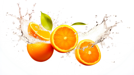 Tangerine sliced pieces flying in the air with water splash isolated on transparent png.
