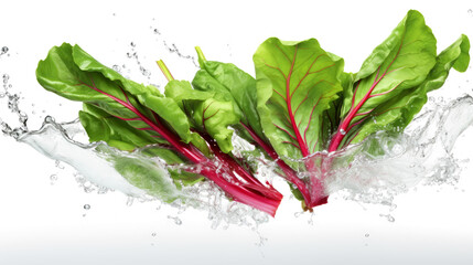 Swiss chard  sliced pieces flying in the air with water splash isolated on transparent png.
 - obrazy, fototapety, plakaty