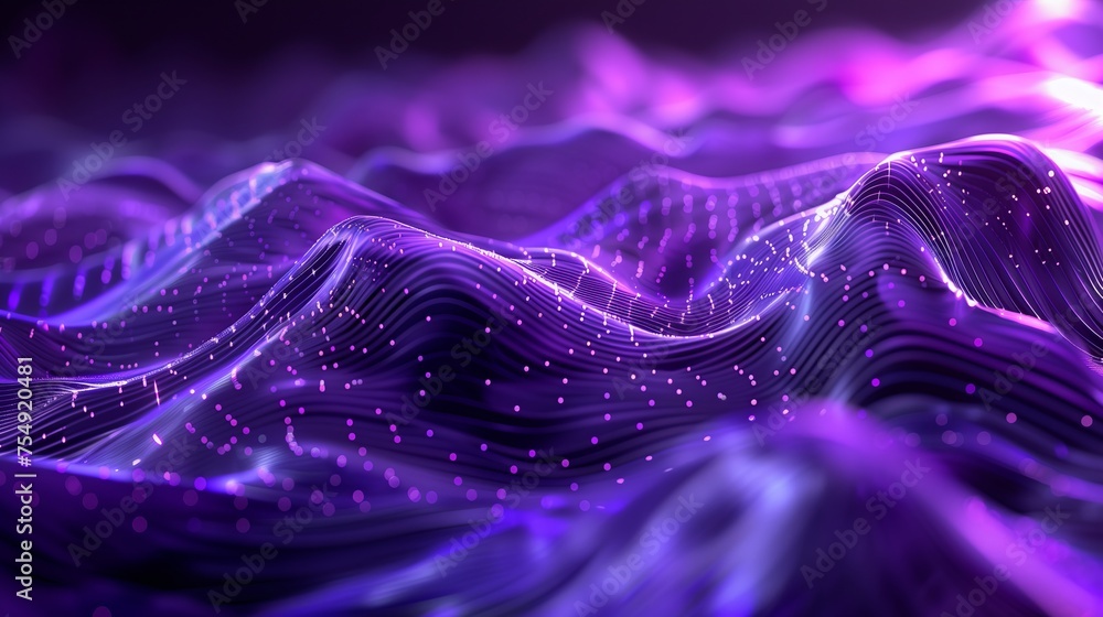 Poster abstract digital background with dots and lines in purple color, wavy shapes, futuristic pattern. ge