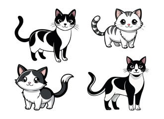 set of black and white cute cats in different poses
