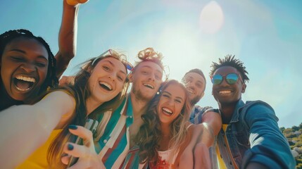 Multi ethnic guys and girls taking selfie outdoors with backlight - Happy life style friendship concept on young multicultural people having fun day together - obrazy, fototapety, plakaty