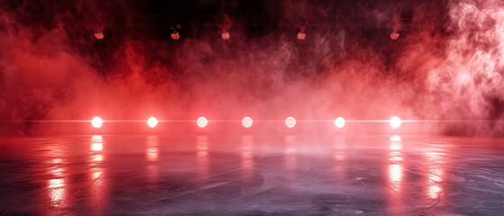 Red Ice Rink Background. Professional Arena illuminated neon lights, spotlights with smoke. Copyspace. Winter poster for hockey competitions. Ice skating. Stadium. Generative ai