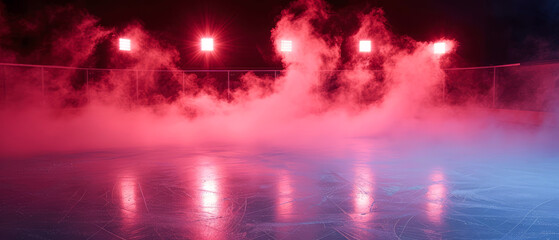  Red Ice Rink Background. Professional Arena illuminated neon lights, spotlights with smoke. Copyspace. Winter poster for hockey competitions. Ice skating. Stadium. Generative ai