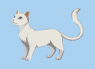 a white cat with blue eyes standing on a blue background