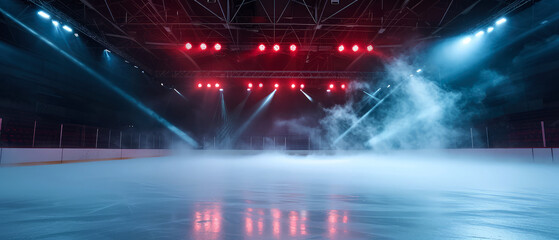  Ice Rink Background. Professional Arena illuminated neon lights, spotlights with smoke. Copyspace....