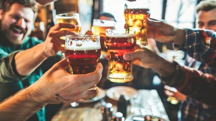 Multi-racial hipster friends drinking and toasting beer at brewery bar restaurant - Food and beverage life style concept with men and women having dinner together - 754920678