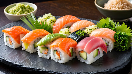 sushi on a plate, delicious sushi, japanese foods, AI generated