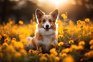 Smiling corgi dog playing in the meadow. Tick and flea protection concept for pet products.
