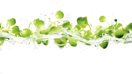 Sprouts sliced pieces flying in the air with water splash isolated on transparent png.
