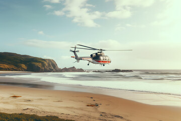 Obraz premium Helikopter flying over beach, heli on beach, helicopter