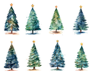 Watercolor Christmas tree collection set vector illustration. Happy New Year concept